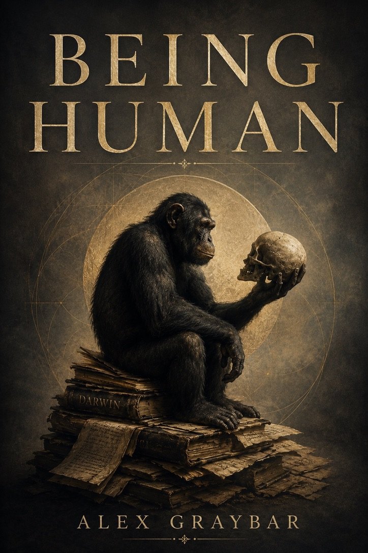 Being Human by Alex Graybar — a chimpanzee seated in thought, holding a human skull atop a pile of ancient books